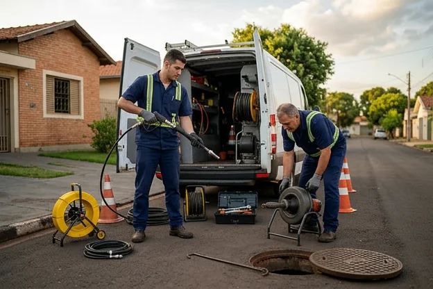 Equipe de desentupidores se preparando para atender cliente com equipamentos apropriados.