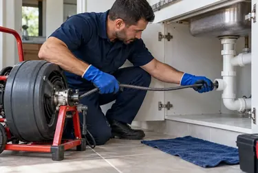 Profissional desentupindo tubulações com ferramentas especializadas.