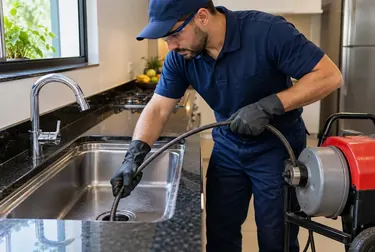 Profissional desentupindo uma pia com ferramentas apropriadas.