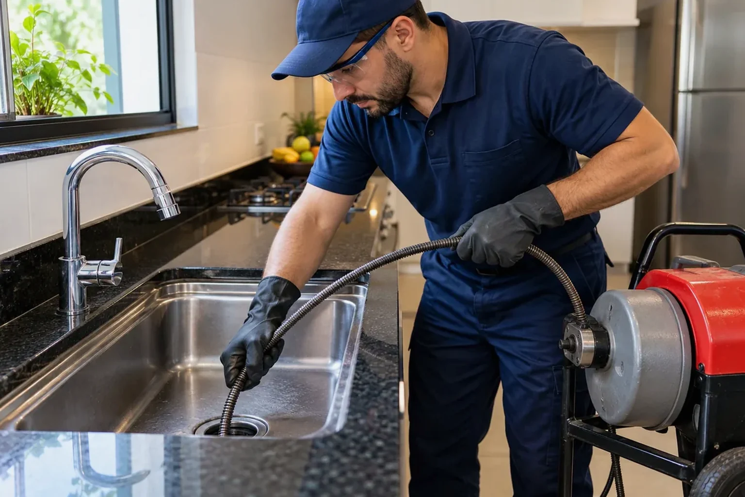 Profissional desentupindo uma pia com ferramentas apropriadas.