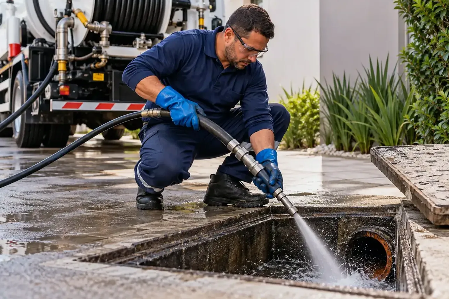 Profissional executando hidrojateamento em tubulações com equipamento adequado.