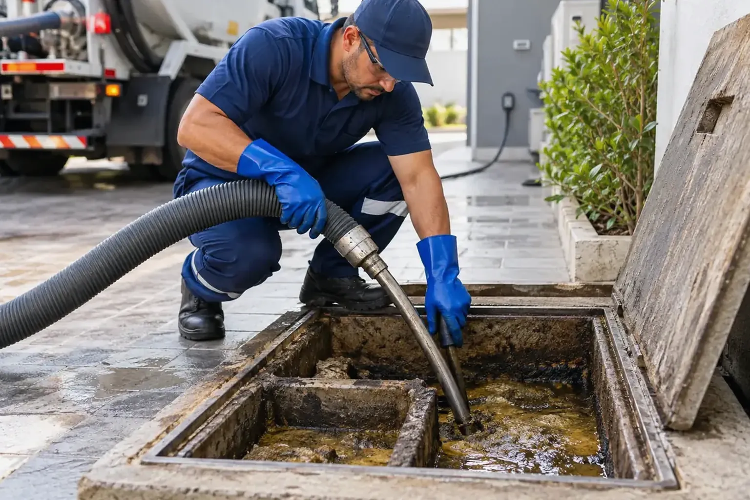 Profissional limpando uma caixa de gordura com ferramentas adequadas.