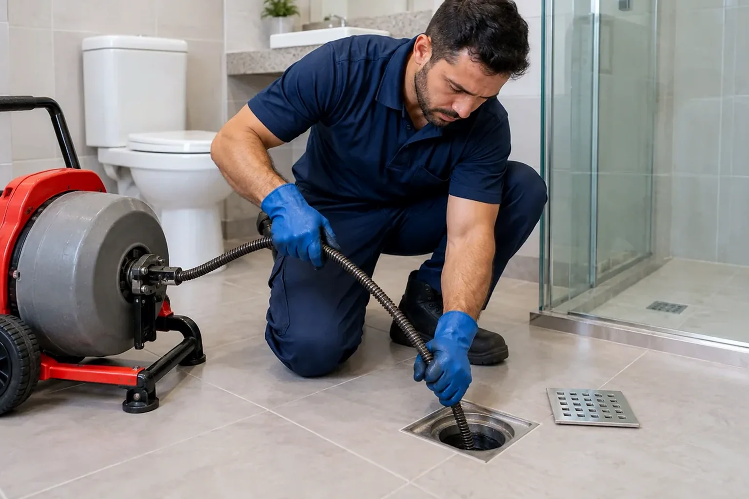 Profissional realizando o desentupimento de um ralo com ferramentas especializadas.
