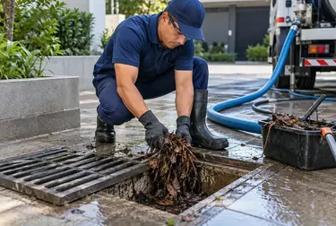 Técnico desentupindo redes pluviais com equipamentos apropriados.