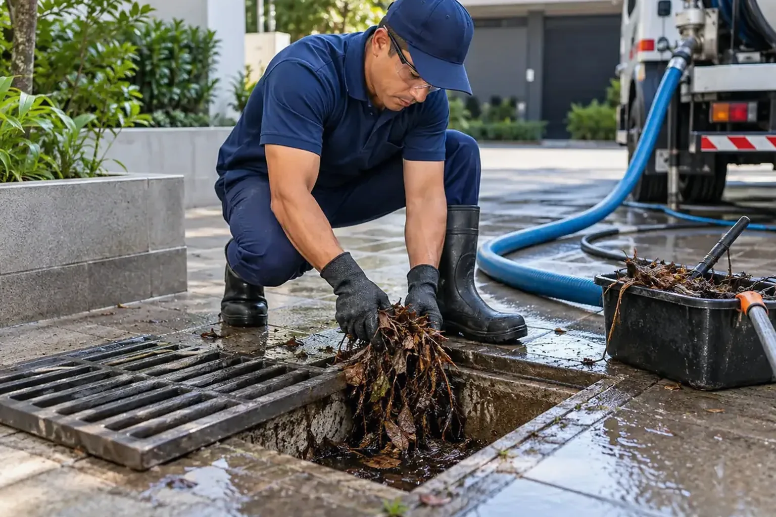Técnico desentupindo redes pluviais com equipamentos apropriados.