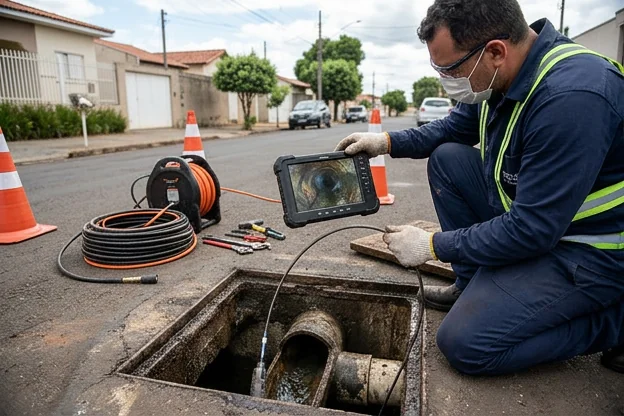 Técnico inspecionando tubulação para evitar entupimentos.