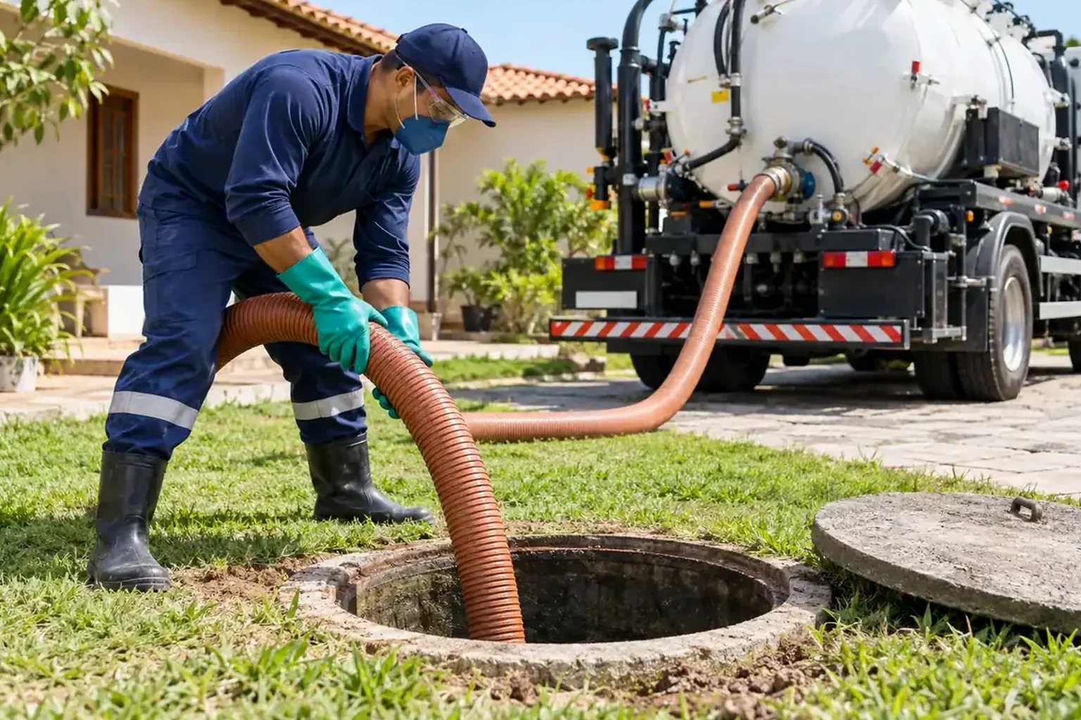 Técnico limpando uma fossa séptica com equipamentos adequados.