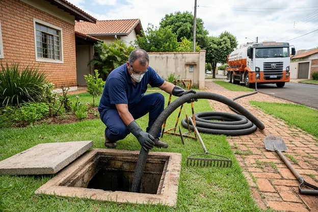 Técnico realizando limpeza de fossa séptica com equipamento adequado.